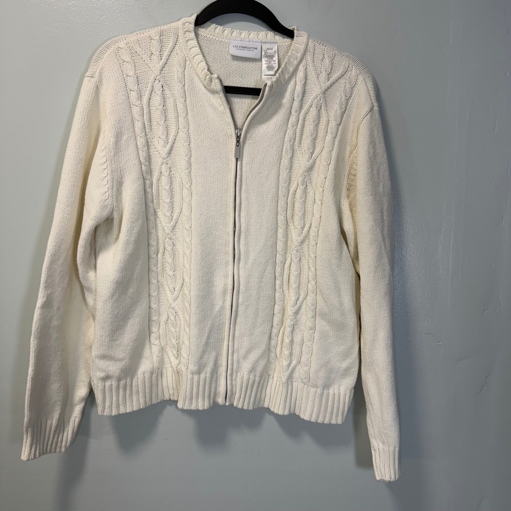 Liz Claiborne Lizsport Petite Cream Cable Knit Full Zip Sweater Large